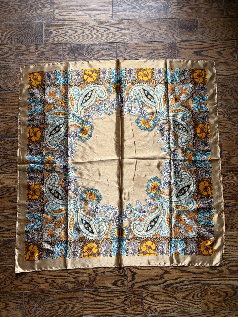 Vintage-Inspired Paisley Square Scarf in Gold, Teal & Mustard